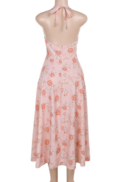 Sexy Vacation Flowers Backless Halter Sleeveless Dresses