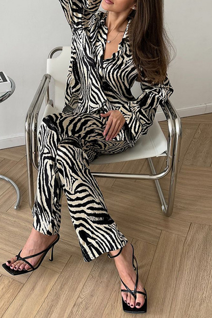 Casual Vacation Zebra Print Pocket Contrast Turndown Collar Long Sleeve Two Pieces