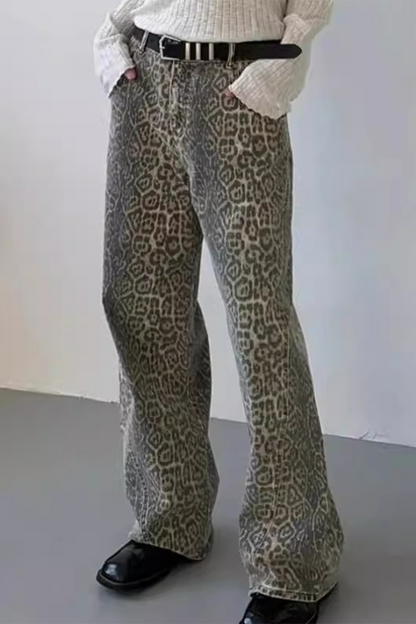 Casual Street Leopard Pocket Patchwork Loose High Waist Straight Full Print Bottoms(No Belt)