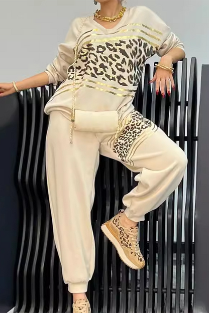 Casual Street Bronzing Pattern Leopard V Neck Long Sleeve Two Pieces(5 Colors)