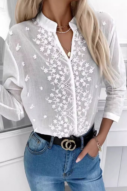 Casual Daily Embroidered Hollow Out V Neck Blouses