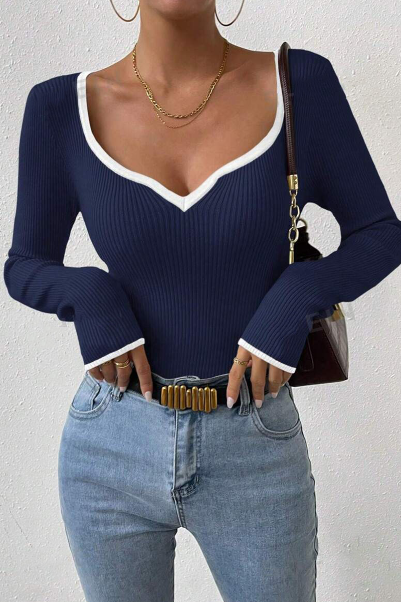 Casual Daily Solid Color Contrast V Neck Tops