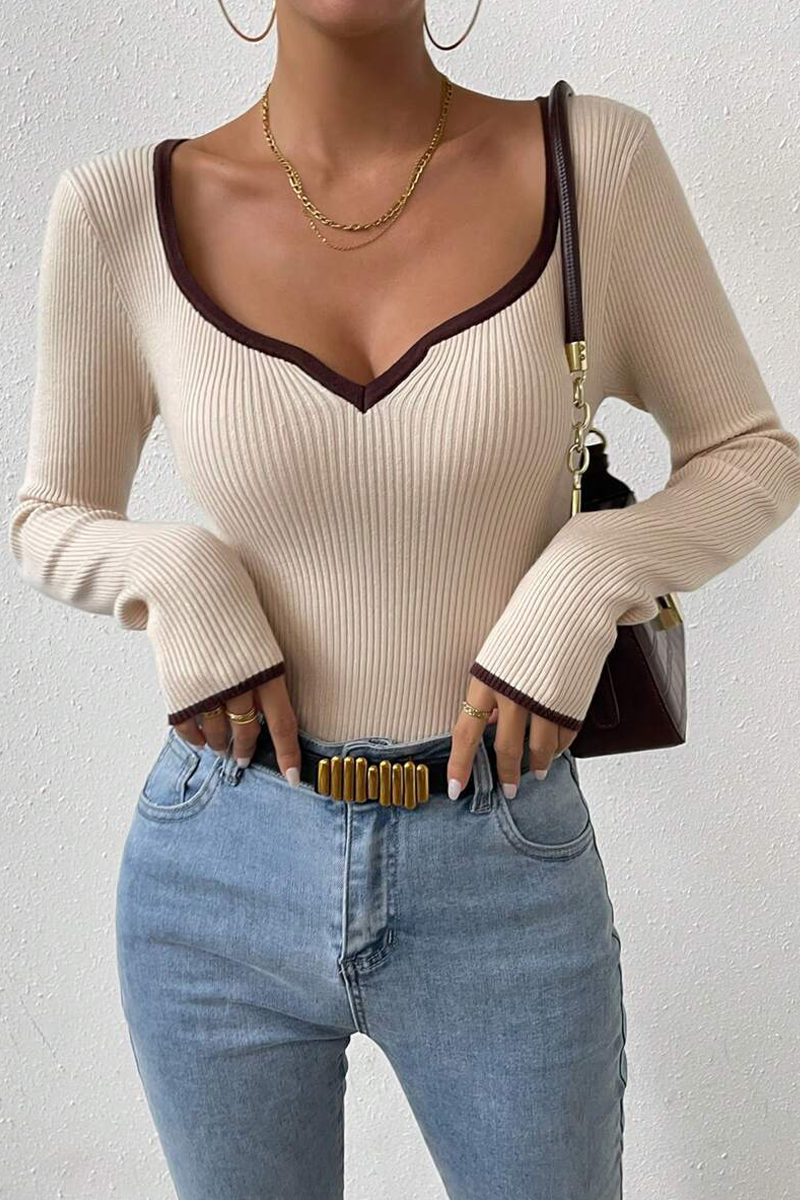 Casual Daily Solid Color Contrast V Neck Tops