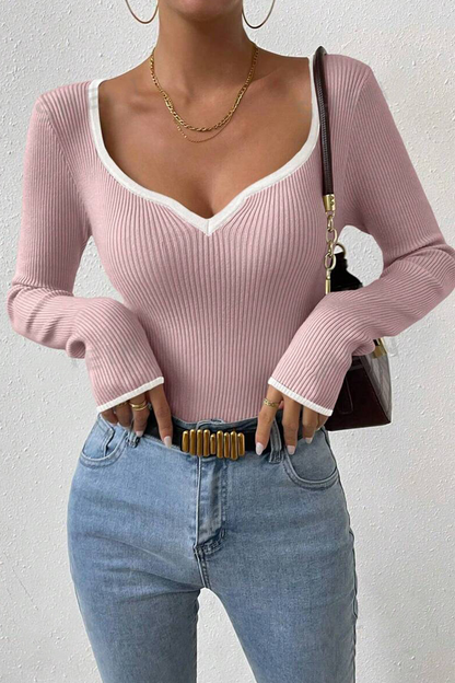 Casual Daily Solid Color Contrast V Neck Tops