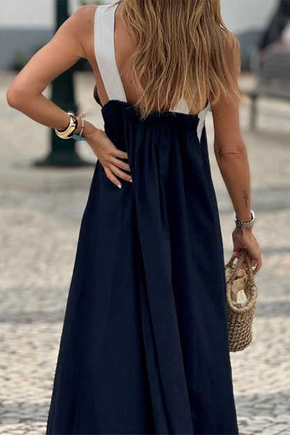 Casual Patchwork Contrast V Neck Sling Dresses