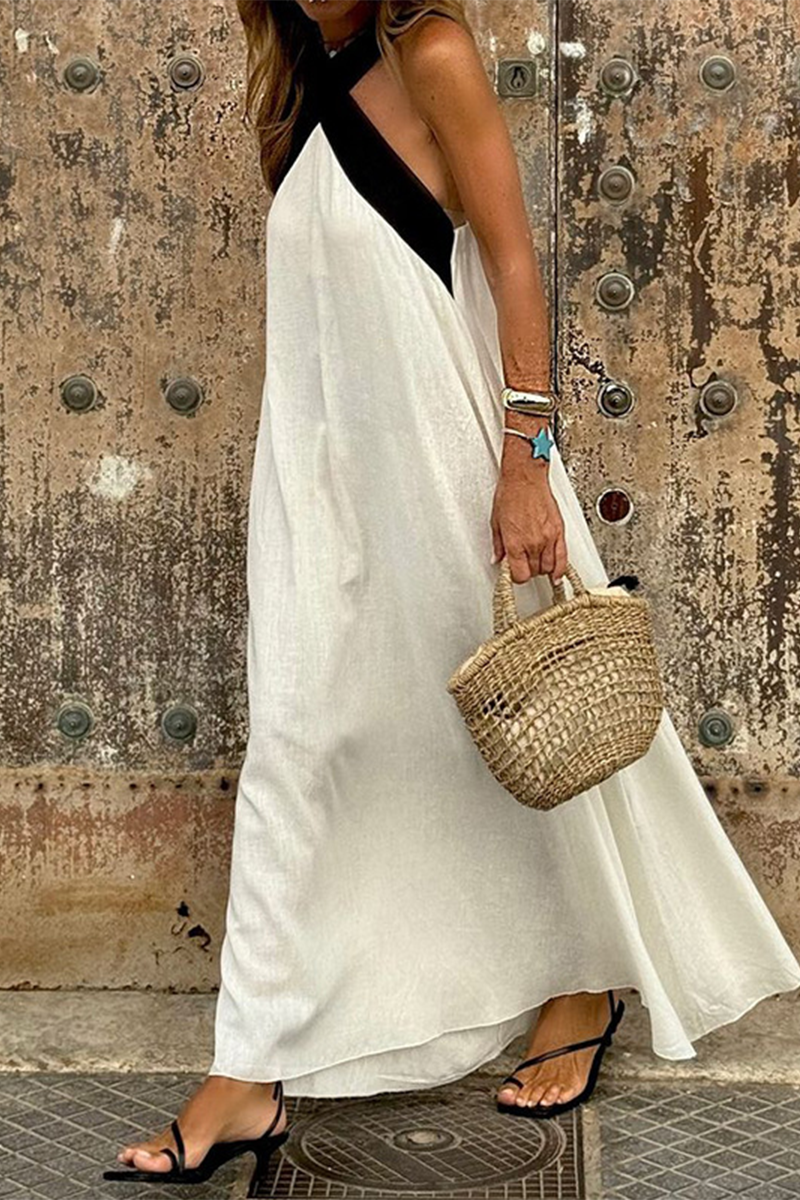 Casual Patchwork Contrast V Neck Sling Dresses