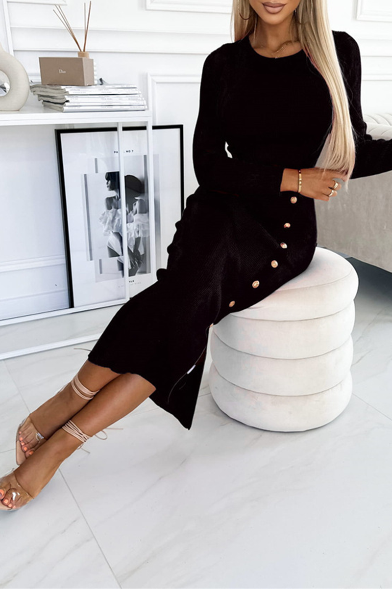 Elegant Buttons Slit Potholes O Neck Wrapped Skirt Dresses