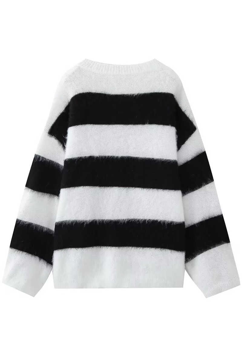 Casual Stripe Fluffy Contrast O Neck Sweaters