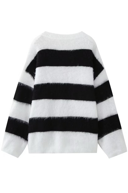 Casual Stripe Fluffy Contrast O Neck Sweaters