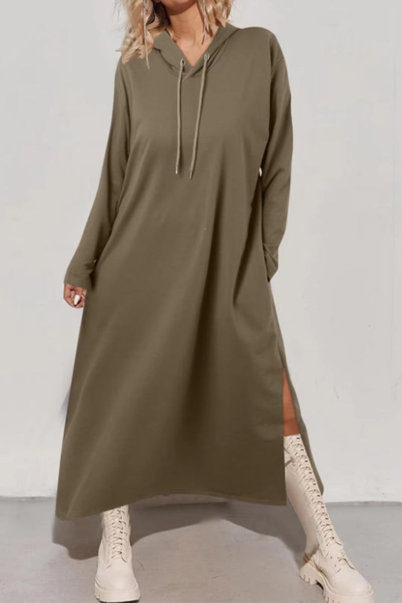 Casual Street Draw String Slit Hooded Long Sleeve Dresses(4 Colors)