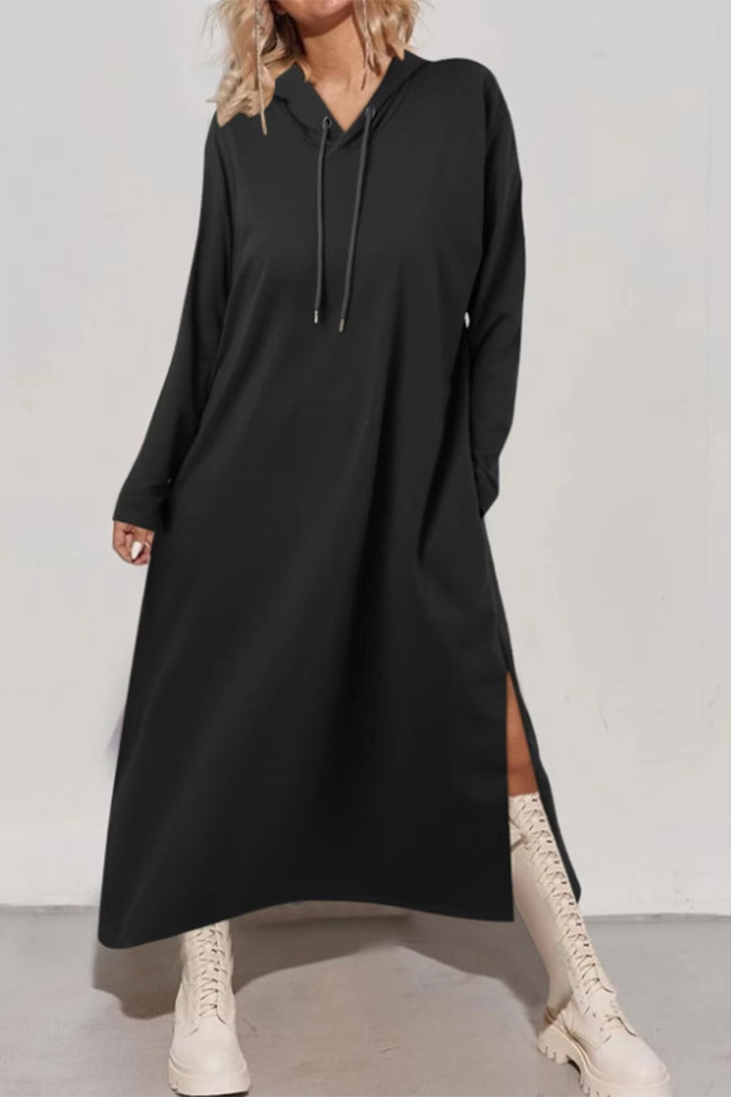 Casual Street Draw String Slit Hooded Long Sleeve Dresses(4 Colors)