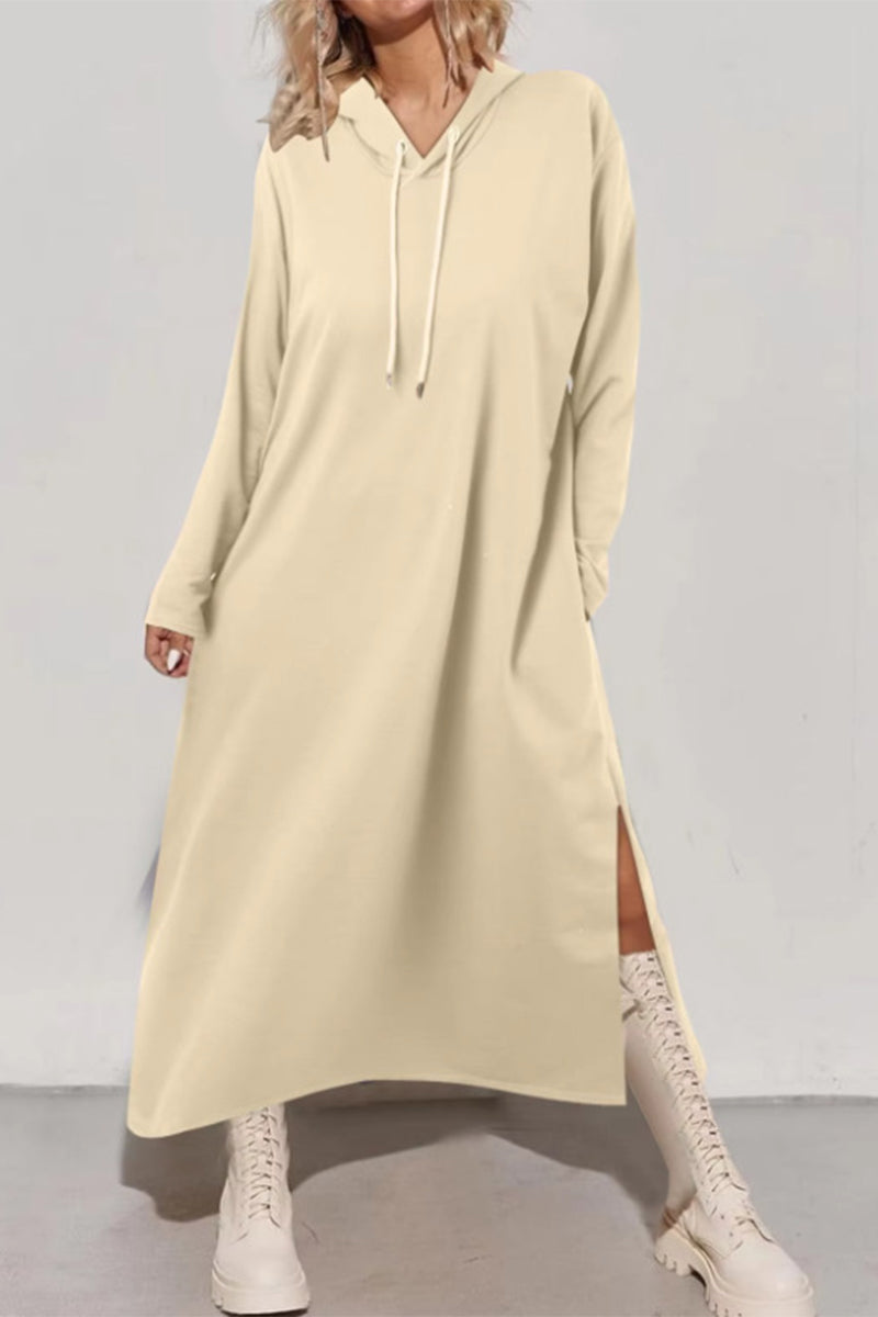 Casual Street Draw String Slit Hooded Long Sleeve Dresses(4 Colors)