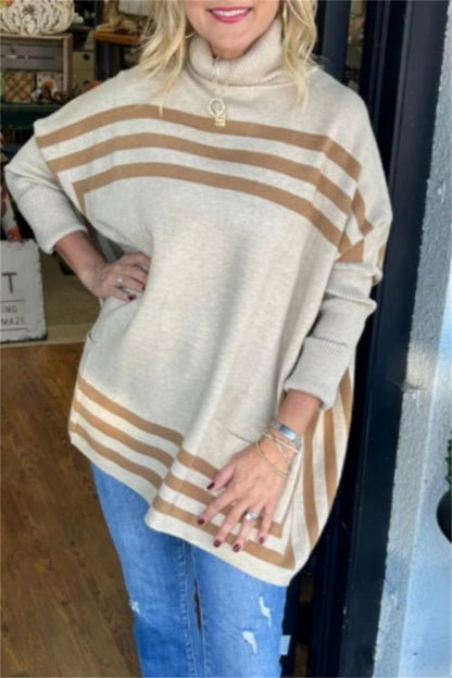 Casual Stripe Pocket Turtleneck Sweaters(6 Colors)