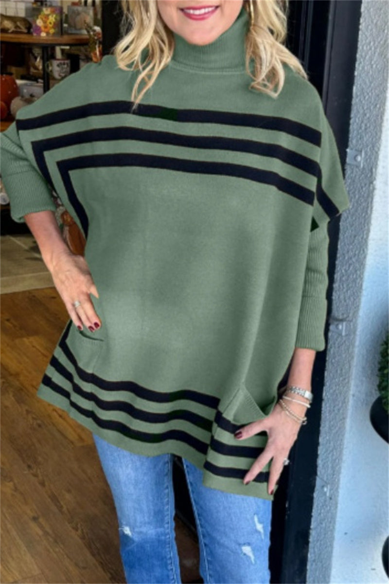 Casual Stripe Pocket Turtleneck Sweaters(6 Colors)