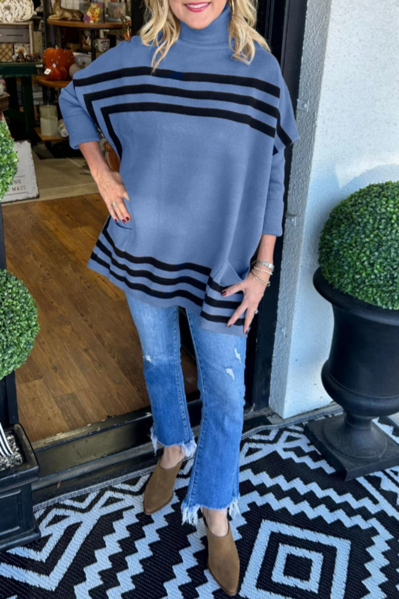 Casual Stripe Pocket Turtleneck Sweaters(6 Colors)