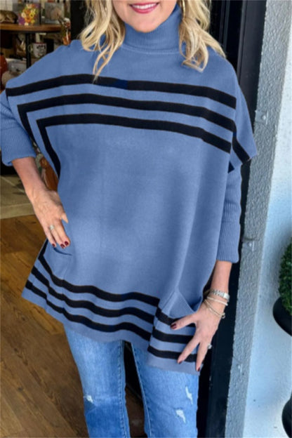 Casual Stripe Pocket Turtleneck Sweaters(6 Colors)