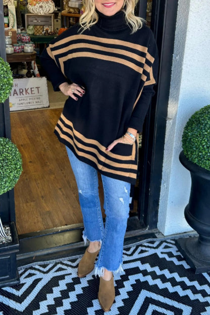 Casual Stripe Pocket Turtleneck Sweaters(6 Colors)