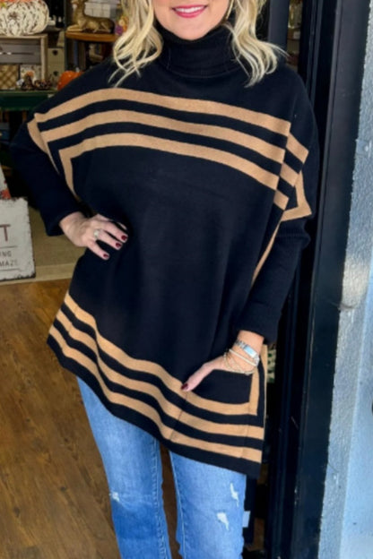 Casual Stripe Pocket Turtleneck Sweaters(6 Colors)