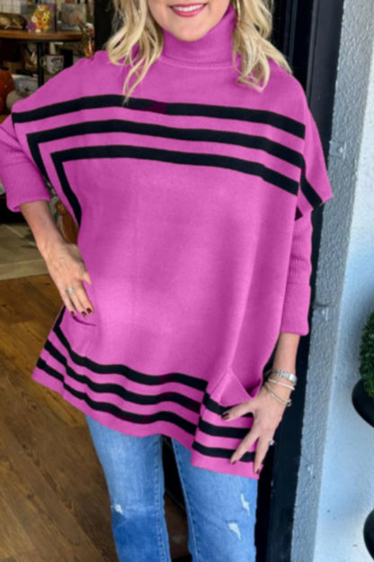 Casual Stripe Pocket Turtleneck Sweaters(6 Colors)