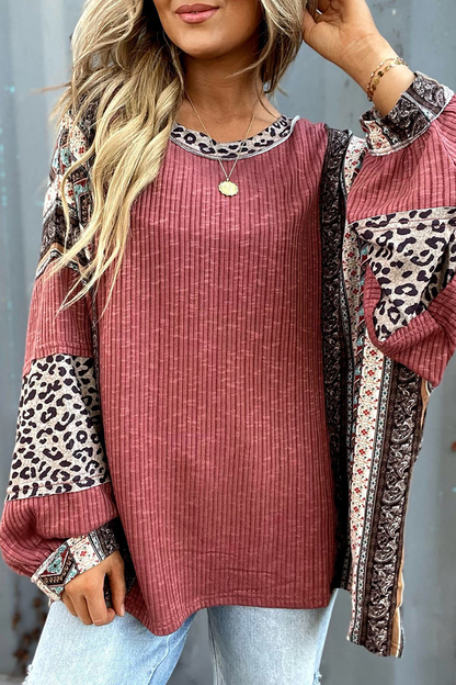 Casual Stripe Leopard Patchwork Contrast O Neck Tops