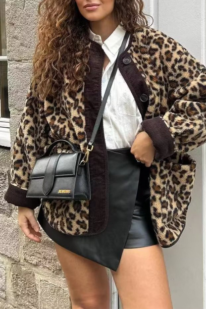 Casual Street Leopard Pocket Patchwork Fluffy O Neck Outerwear