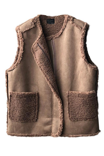 Casual Pocket Patchwork Fluffy O Neck Waistcoats