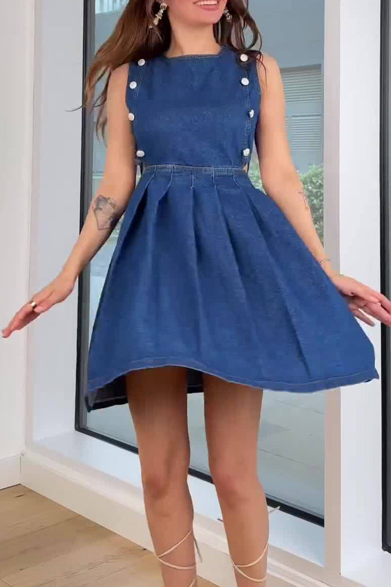 Casual Hollow Out Ruched Zipper O Neck Sleeveless Denim Dresses