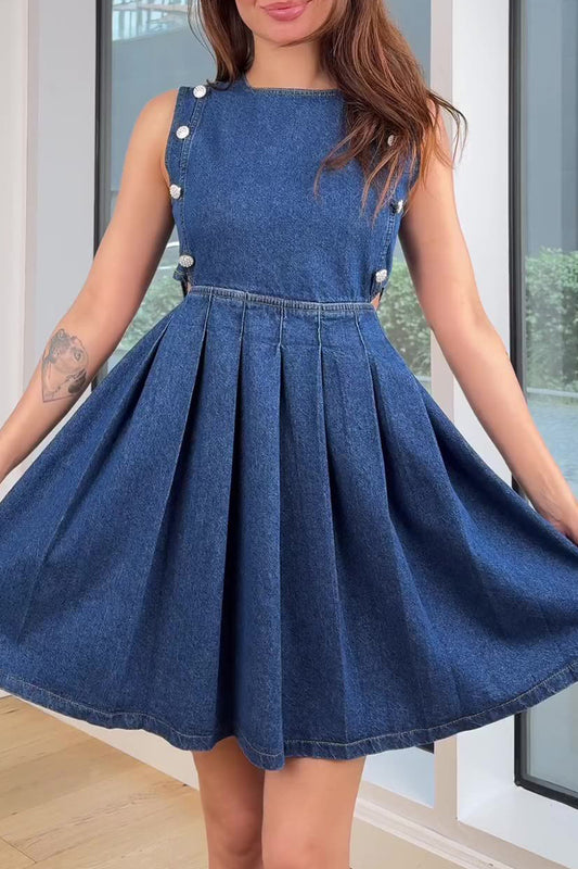 Casual Hollow Out Ruched Zipper O Neck Sleeveless Denim Dresses