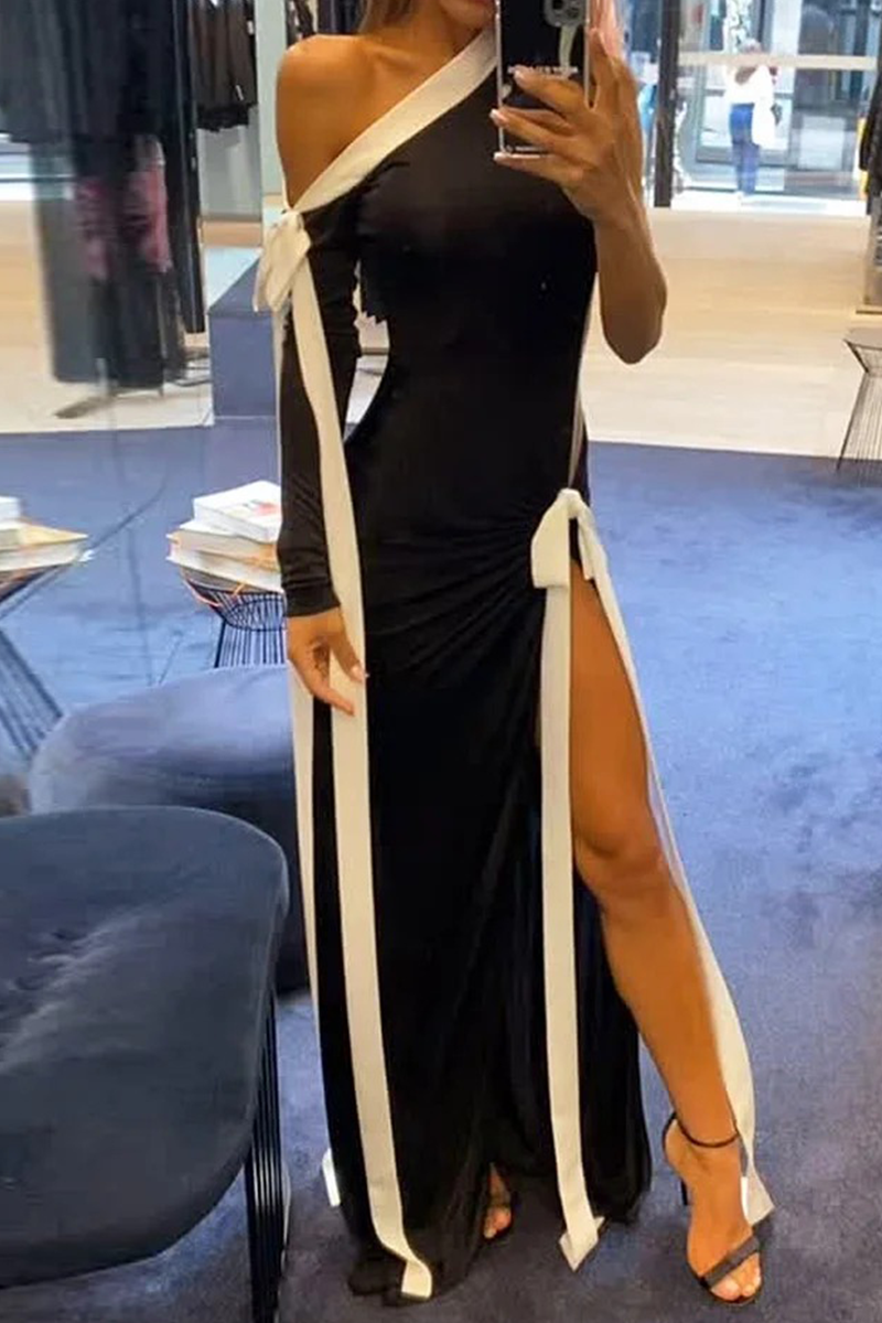 Sexy Stripe Lace Up Slit Contrast Sloping Shoulder Irregular Dresses