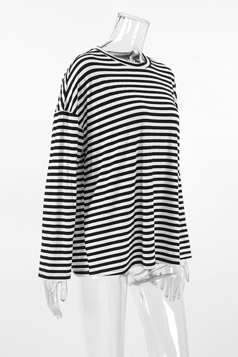 Casual Stripe Contrast O Neck Tops