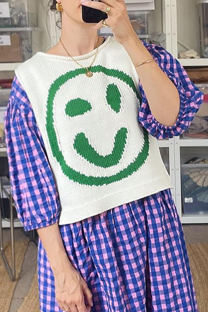 Casual Smiley Face Weave Contrast O Neck Tops(5 Colors)