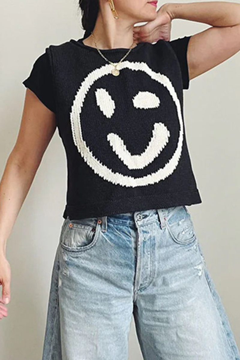 Casual Smiley Face Weave Contrast O Neck Tops(5 Colors)