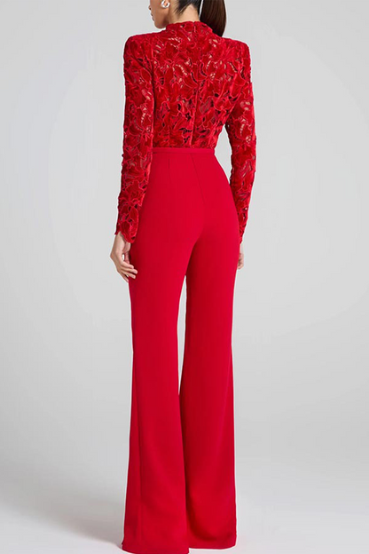 Casual Lace Half A Turtleneck Regular Jumpsuits