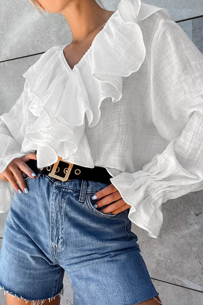 Casual Solid Color Ruffle V Neck Blouses