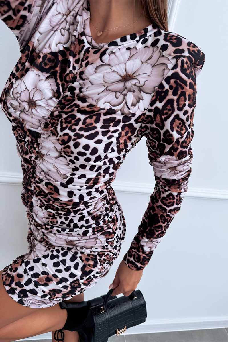 Casual Street Leopard Print Flowers Contrast O Neck Wrapped Skirt Dresses