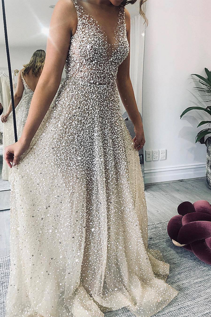 Sexy Gradient Sequined V Neck Evening Dresses