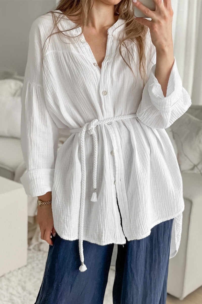 Casual Lace Up Buttons O Neck Blouses