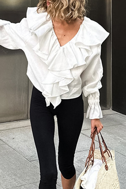 Casual Solid Color Ruffle V Neck Blouses