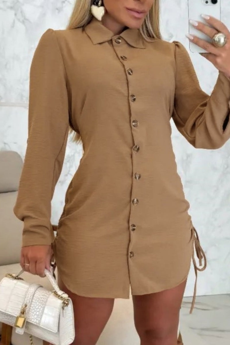 Casual Lace Up Buttons Turndown Collar Shirt Dresses(7 Colors)