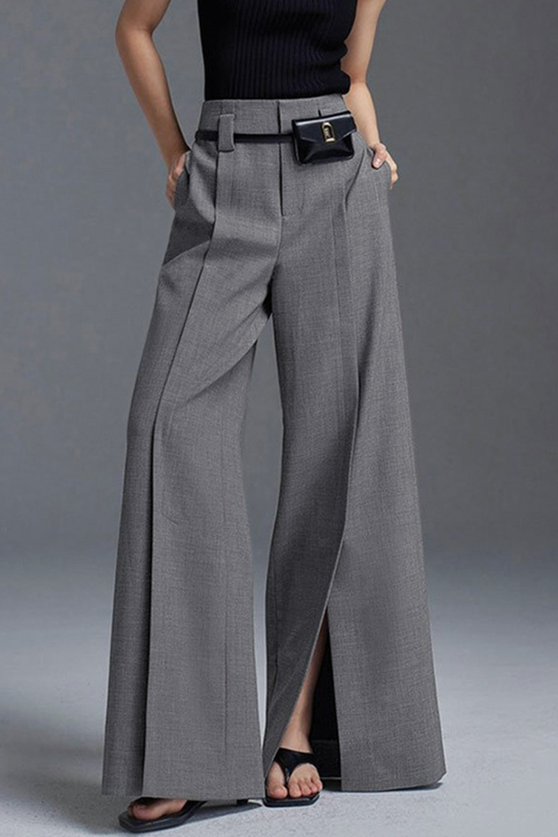 Casual Pocket Slit Ruched Loose High Waist Wide Leg Bottoms(No waist belt)