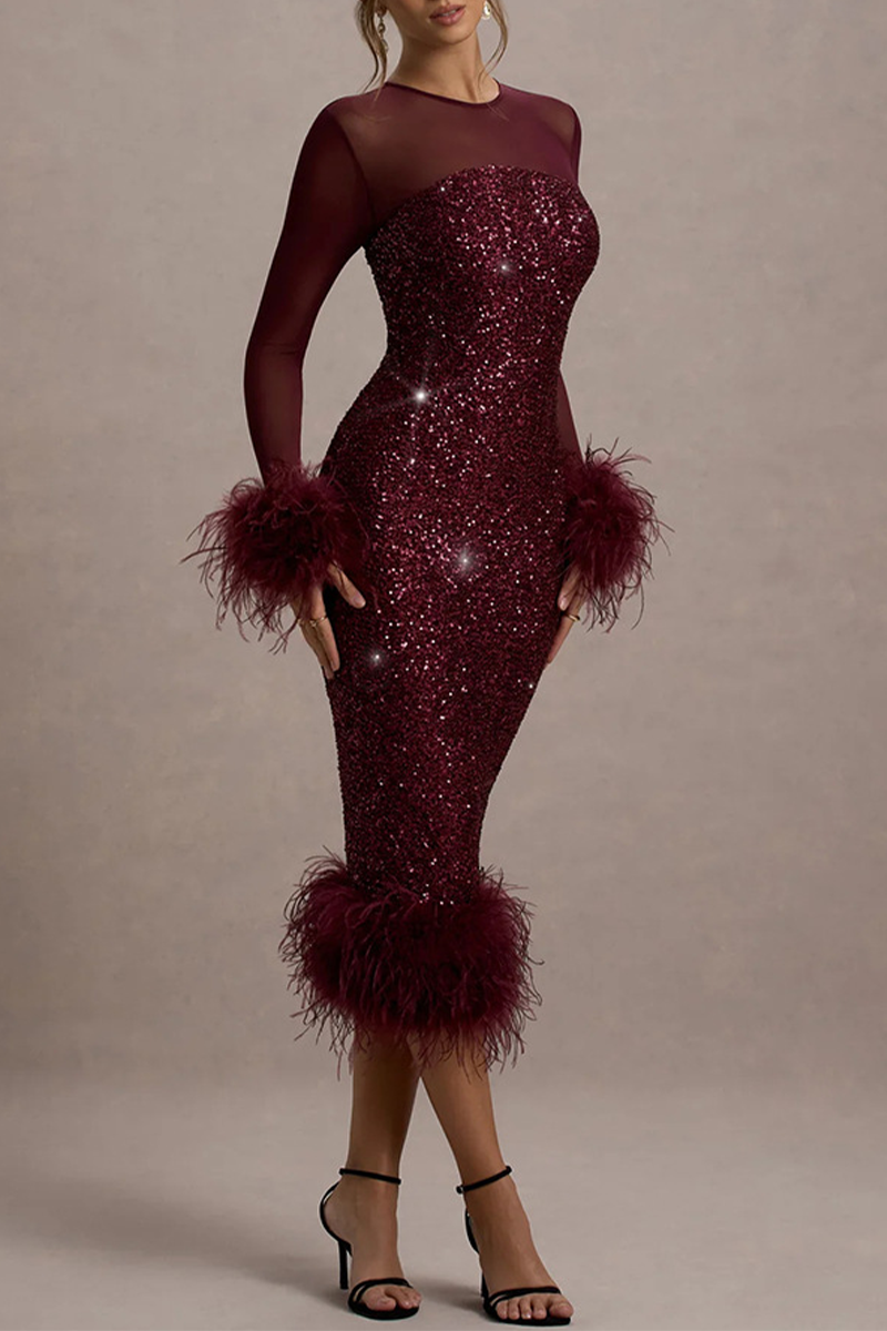 Sexy Party Sequins Feather Trim O Neck Evening Dresses