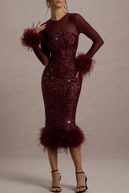 Sexy Party Sequins Feather Trim O Neck Evening Dresses