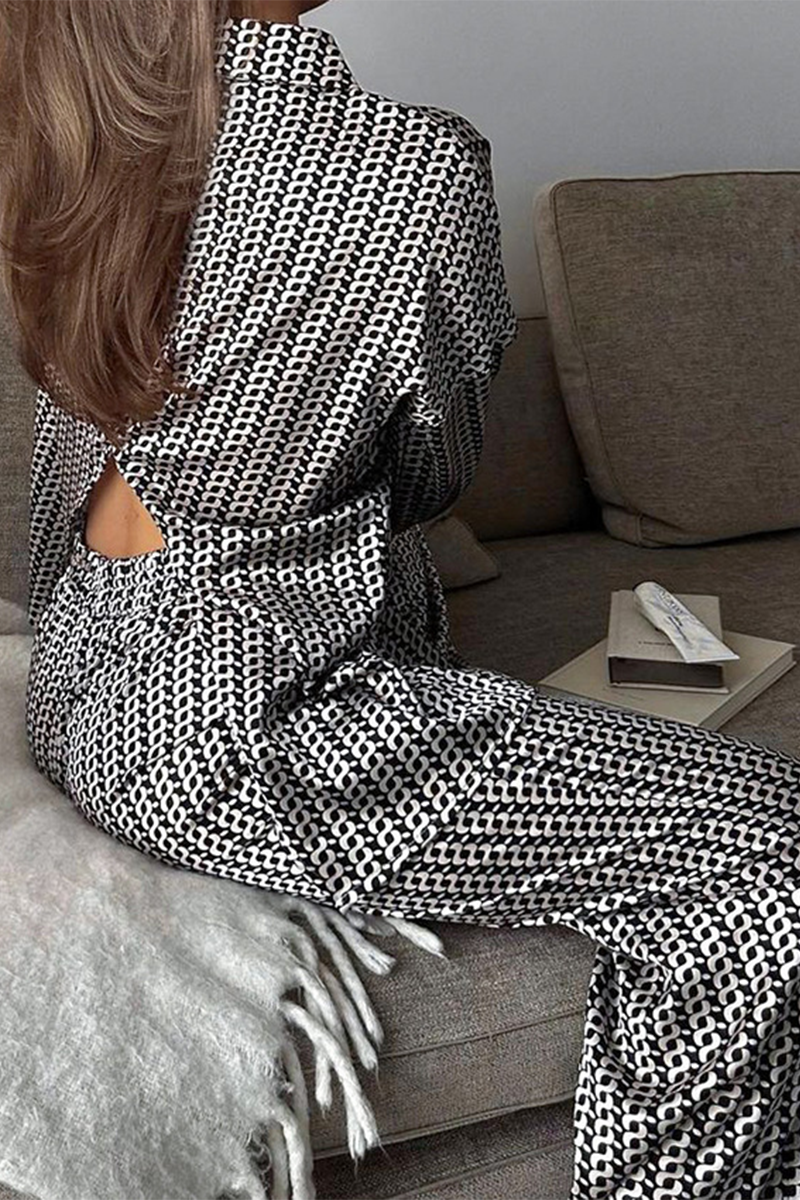 Casual Geometric Print Patchwork Slit Contrast Turndown Collar Long Sleeve Two Pieces