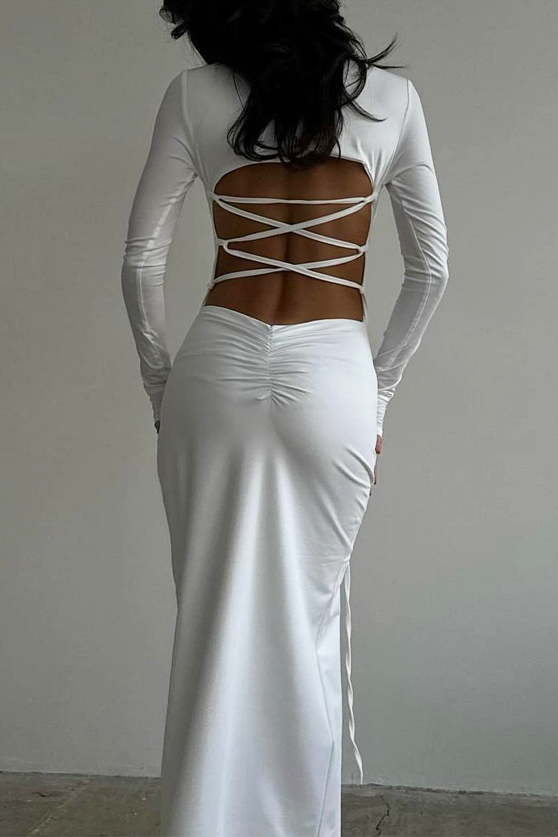 Sexy Backless Slit Strap Design O Neck Long Sleeve Dresses