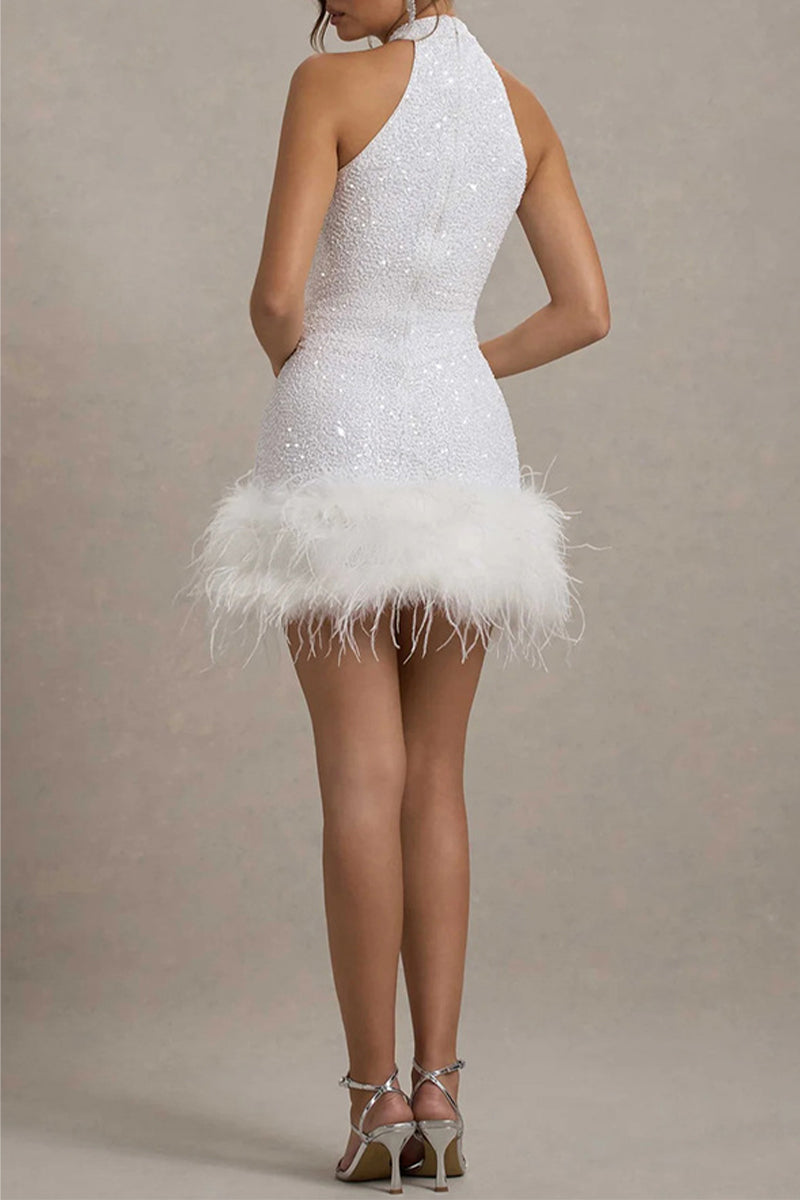 Sexy Party Sequins Zipper Feather Hemline Halter Evening Dresses