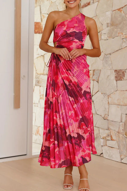 Sexy Vacation Floral Print Hollow Out Draw String Pleated Sloping Shoulder Pleated Dresses(3 Colors)