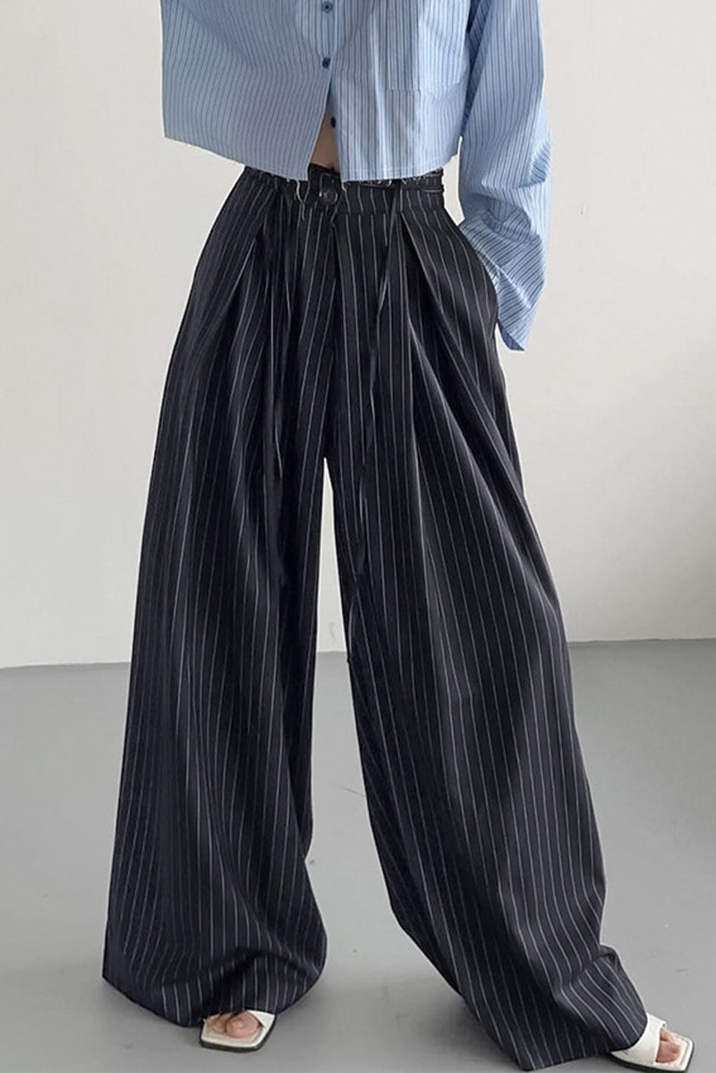 Casual Street Stripe Pocket Patchwork Strap Design Loose High Waist Wide Leg Full Print Bottoms