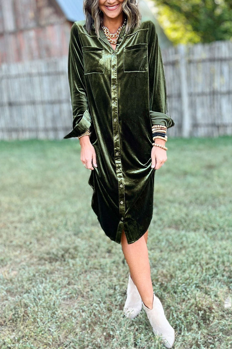 Casual Pocket Buckle Turndown Collar Shirt Dresses(3 Colors)