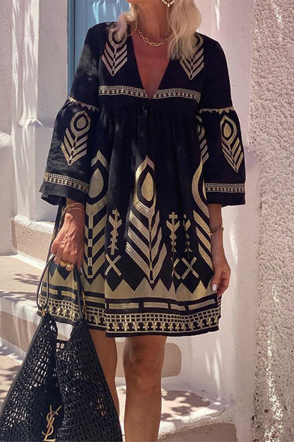 Casual Geometric Print Ruffle V Neck Printed Dresses