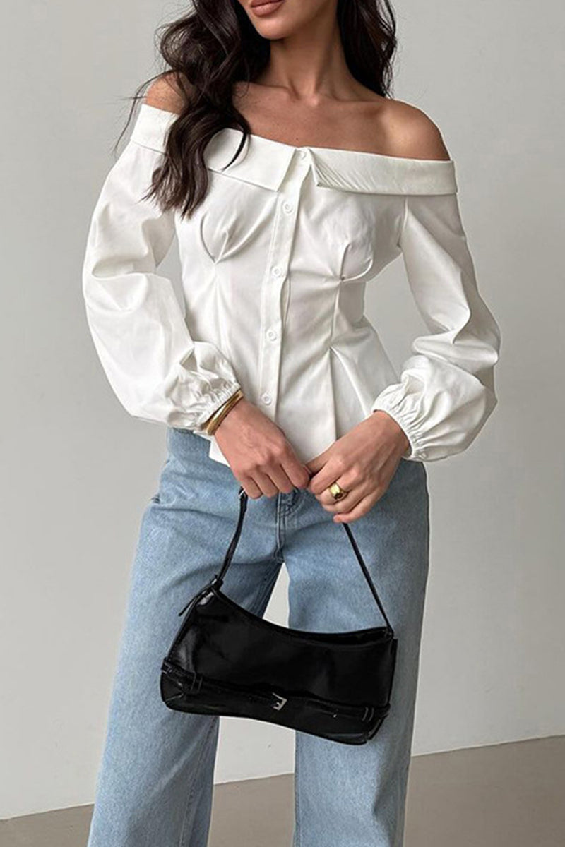 Sexy Solid Color Buttons Off Shoulder Tops